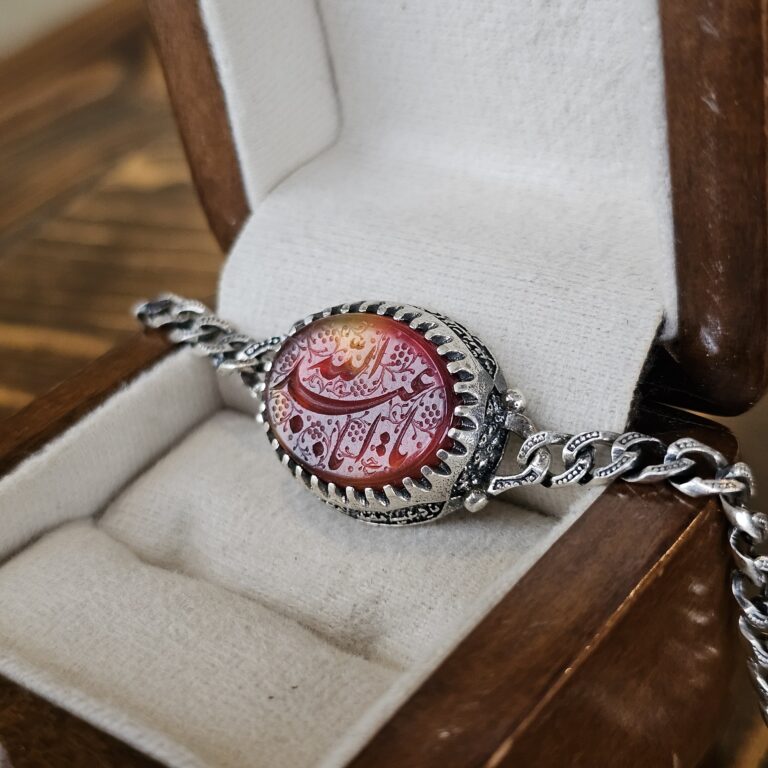 دستبند نقره 925 با نگین عقیق خراسان طرح یا اباعبدالله