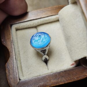 دسته نقره روس 18 انگشتر نقره روس دخترانه عقیق آبی یا رقیه