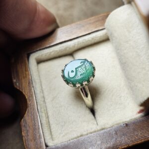 دسته نقره روس 21 انگشتر نقره روس دخترانه عقیق سبز یا حسین