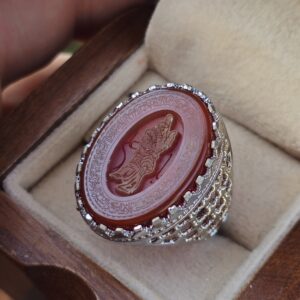 دسته نقره روس 12 انگشتر مردانه نقره روس عقیق سرخ طرح علی ولی الله