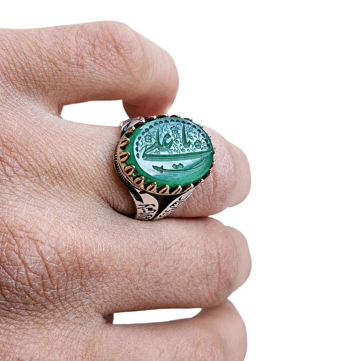 mens-silver-green-agate-ya-ali-zulfiqar-ring انگشتر نقره ذوالفقار طرح حکاکی یا علی (ع)