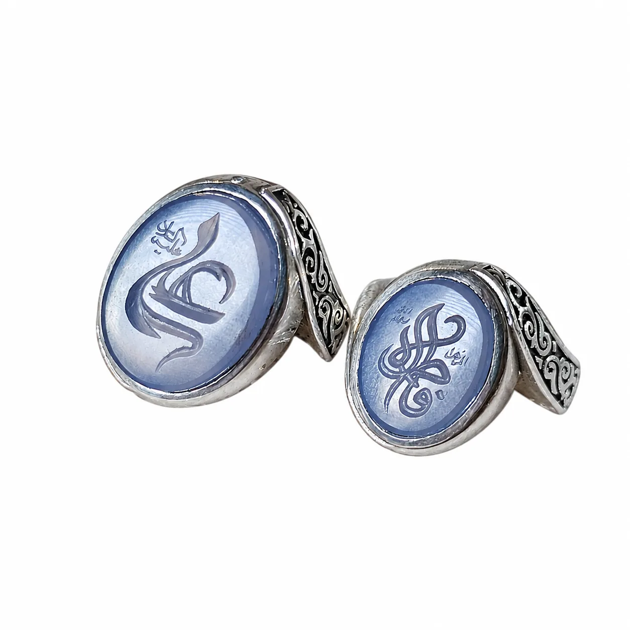 silver-couple-rings-ali-fatemeh-natural-agate-main ست انگشتر نقره مردانه و زنانه با نگین عقیق طبیعی و حکاکی علی و فاطمه