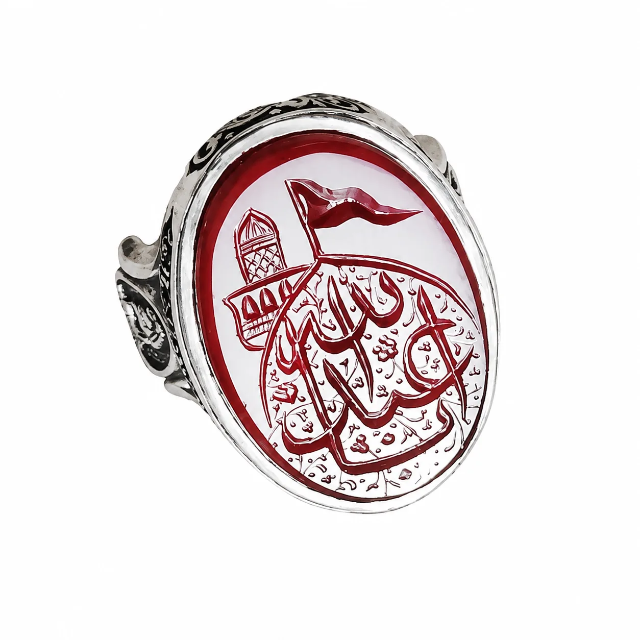 ya-aba-abdullah-hussain-shrine-agate-ring-front نمای روبهرو انگشتر عقیق طبیعی با حکاکی یا اباعبدالله و حرم امام حسین