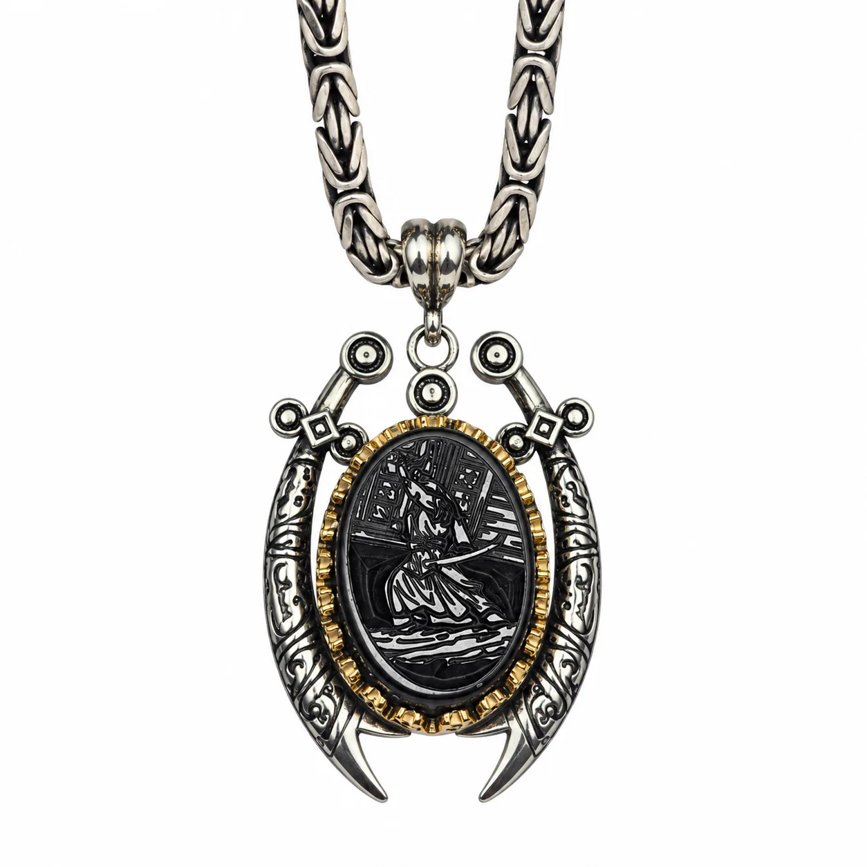mens-russian-silver-agate-khaybar-pendant-front پلاک نقره روس مردانه عقیق طبیعی طرح فتح خیبر نمای روبرو
