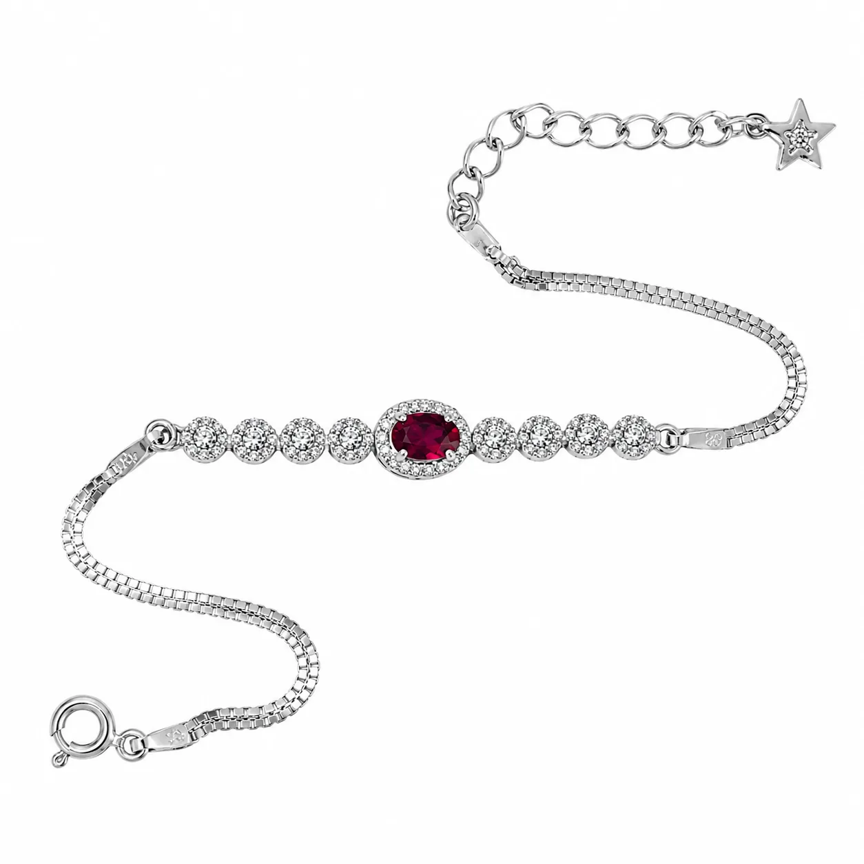 women-silver-red-synthetic-gem-bracelet-01 نمای کامل دستبند نقره زنانه نگین قرمز سنتتیک روی زمینه سفید